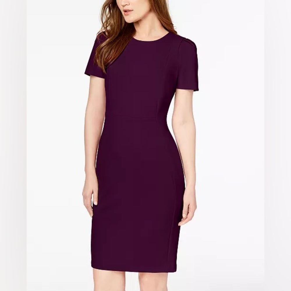 Seamed Scuba Crepe Sheath Dress Aubergine gold zipper work dress thick